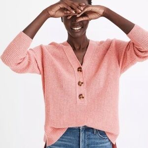 Madewell Lyle Ribbed Henley Sweater Pink Merino Wool V-Neck Button Pullover Top
